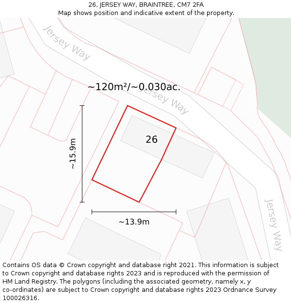 26, JERSEY WAY, BRAINTREE, CM7 2FA: Plot and title map