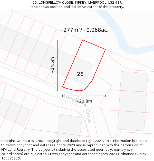 26, LONGFELLOW CLOSE, KIRKBY, LIVERPOOL, L32 9SR: Plot and title map