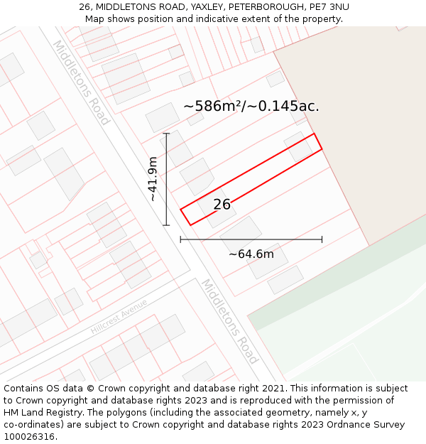 26, MIDDLETONS ROAD, YAXLEY, PETERBOROUGH, PE7 3NU: Plot and title map
