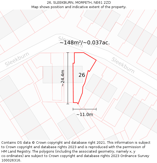 26, SLEEKBURN, MORPETH, NE61 2ZD: Plot and title map