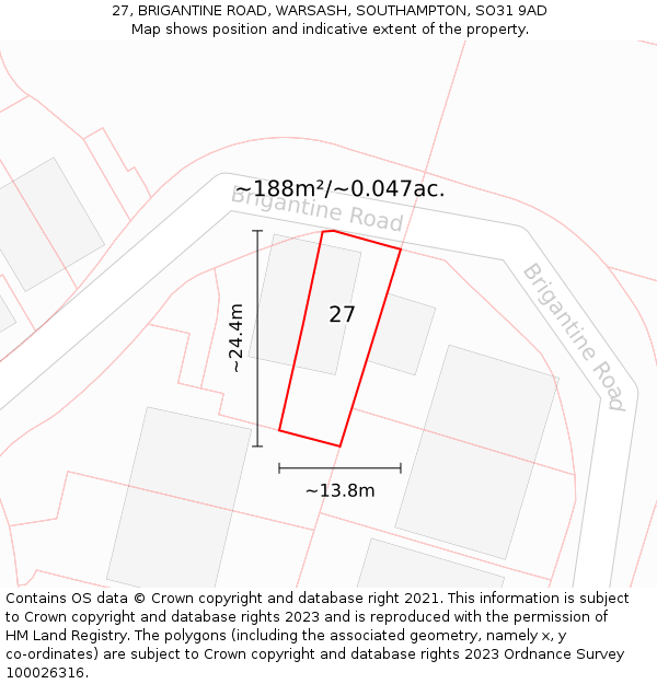 27, BRIGANTINE ROAD, WARSASH, SOUTHAMPTON, SO31 9AD: Plot and title map