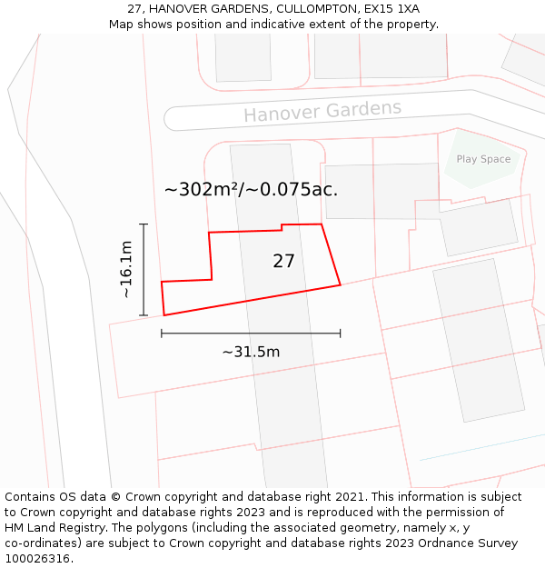 27, HANOVER GARDENS, CULLOMPTON, EX15 1XA: Plot and title map