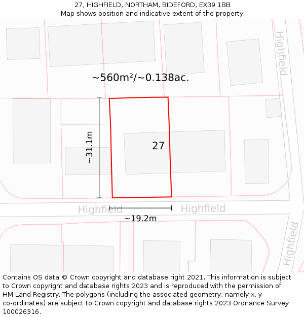 27, HIGHFIELD, NORTHAM, BIDEFORD, EX39 1BB: Plot and title map