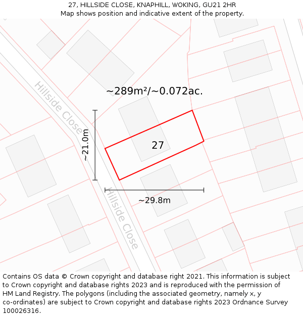 27, HILLSIDE CLOSE, KNAPHILL, WOKING, GU21 2HR: Plot and title map