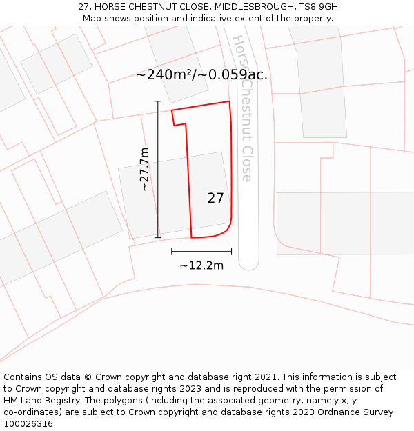 27, HORSE CHESTNUT CLOSE, MIDDLESBROUGH, TS8 9GH: Plot and title map