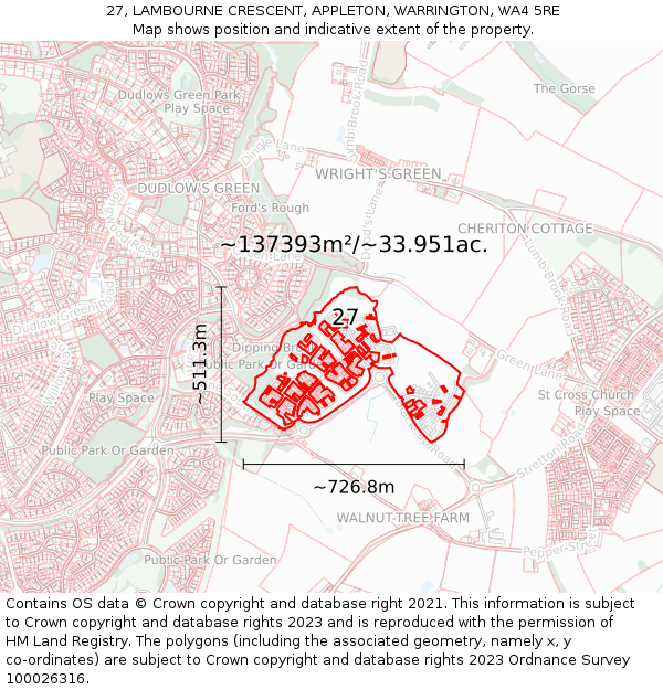 27, LAMBOURNE CRESCENT, APPLETON, WARRINGTON, WA4 5RE: Plot and title map