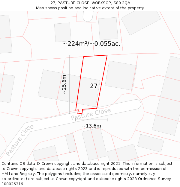 27, PASTURE CLOSE, WORKSOP, S80 3QA: Plot and title map