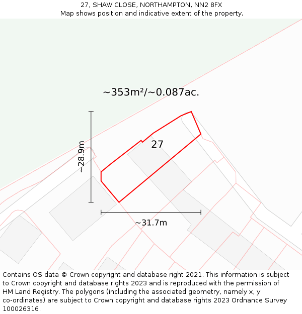 27, SHAW CLOSE, NORTHAMPTON, NN2 8FX: Plot and title map