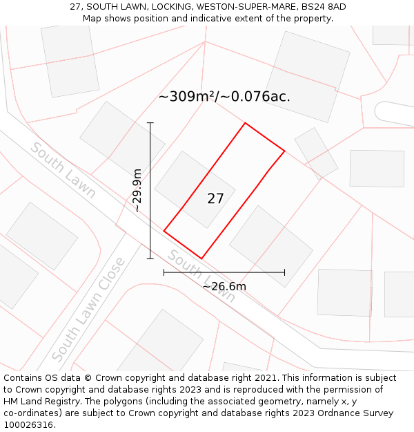 27, SOUTH LAWN, LOCKING, WESTON-SUPER-MARE, BS24 8AD: Plot and title map