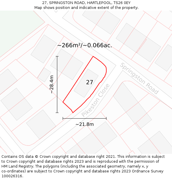 27, SPRINGSTON ROAD, HARTLEPOOL, TS26 0EY: Plot and title map