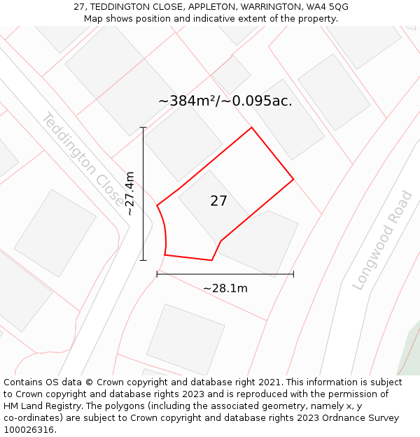 27, TEDDINGTON CLOSE, APPLETON, WARRINGTON, WA4 5QG: Plot and title map