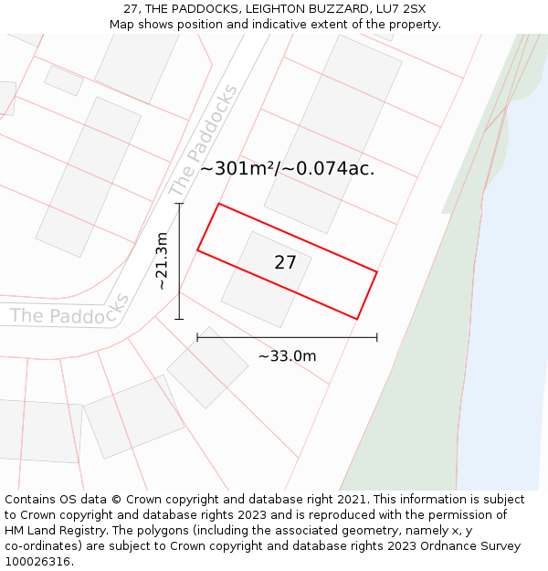 27, THE PADDOCKS, LEIGHTON BUZZARD, LU7 2SX: Plot and title map