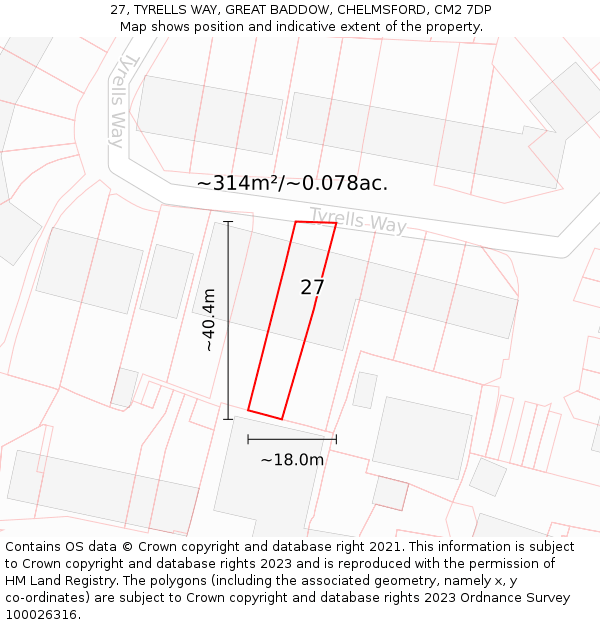 27, TYRELLS WAY, GREAT BADDOW, CHELMSFORD, CM2 7DP: Plot and title map