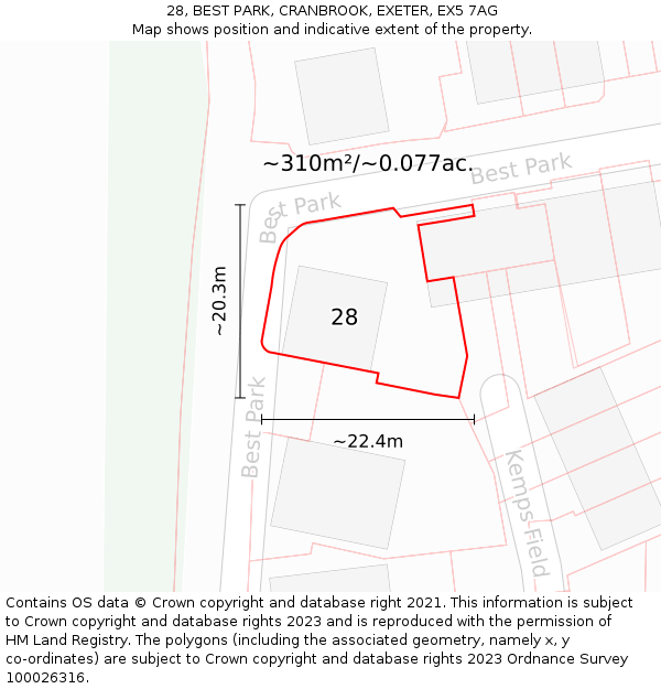 28, BEST PARK, CRANBROOK, EXETER, EX5 7AG: Plot and title map