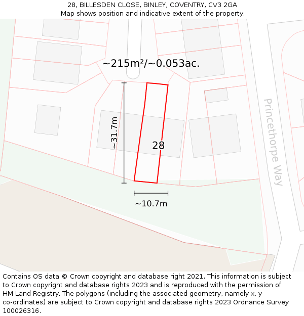 28, BILLESDEN CLOSE, BINLEY, COVENTRY, CV3 2GA: Plot and title map