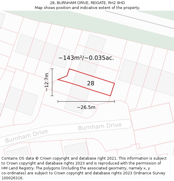 28, BURNHAM DRIVE, REIGATE, RH2 9HD: Plot and title map