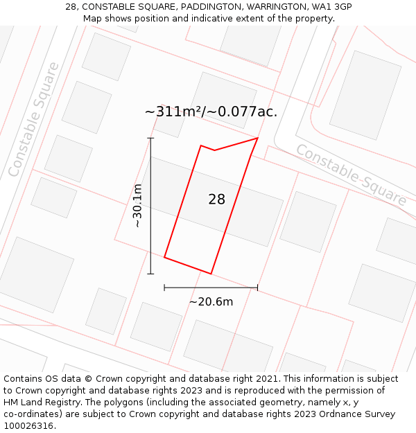 28, CONSTABLE SQUARE, PADDINGTON, WARRINGTON, WA1 3GP: Plot and title map