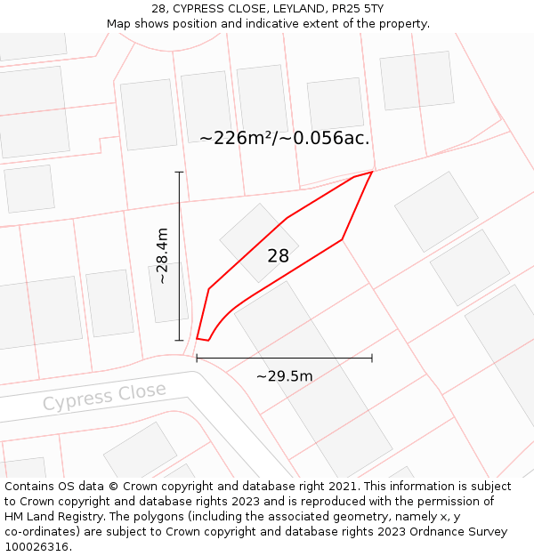28, CYPRESS CLOSE, LEYLAND, PR25 5TY: Plot and title map