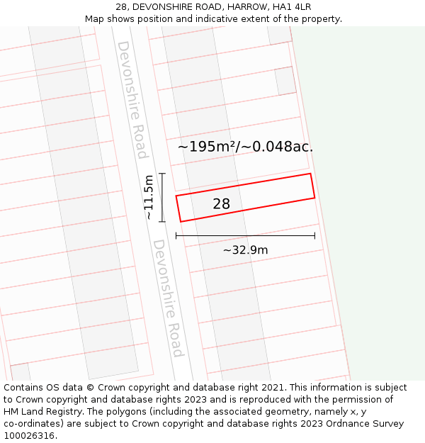 28, DEVONSHIRE ROAD, HARROW, HA1 4LR: Plot and title map