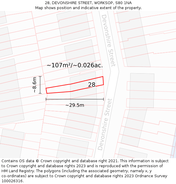 28, DEVONSHIRE STREET, WORKSOP, S80 1NA: Plot and title map