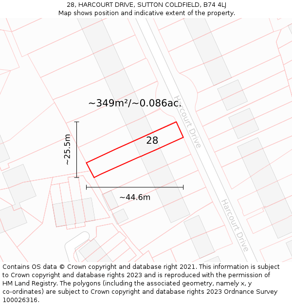 28, HARCOURT DRIVE, SUTTON COLDFIELD, B74 4LJ: Plot and title map