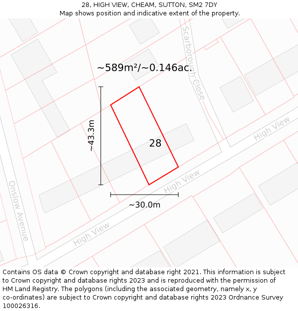 28, HIGH VIEW, CHEAM, SUTTON, SM2 7DY: Plot and title map