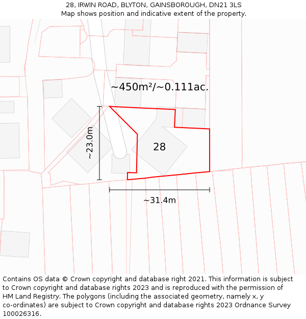 28, IRWIN ROAD, BLYTON, GAINSBOROUGH, DN21 3LS: Plot and title map