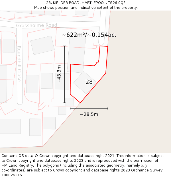 28, KIELDER ROAD, HARTLEPOOL, TS26 0QF: Plot and title map