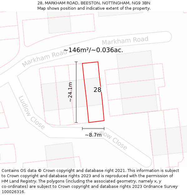 28, MARKHAM ROAD, BEESTON, NOTTINGHAM, NG9 3BN: Plot and title map