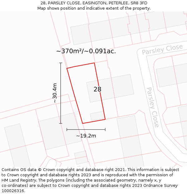 28, PARSLEY CLOSE, EASINGTON, PETERLEE, SR8 3FD: Plot and title map