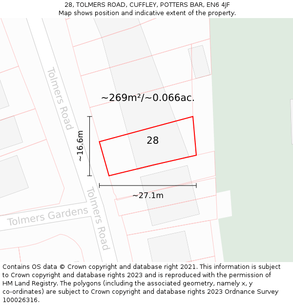 28, TOLMERS ROAD, CUFFLEY, POTTERS BAR, EN6 4JF: Plot and title map
