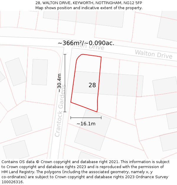 28, WALTON DRIVE, KEYWORTH, NOTTINGHAM, NG12 5FP: Plot and title map