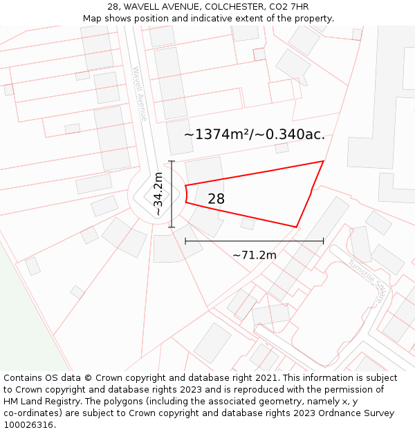 28, WAVELL AVENUE, COLCHESTER, CO2 7HR: Plot and title map