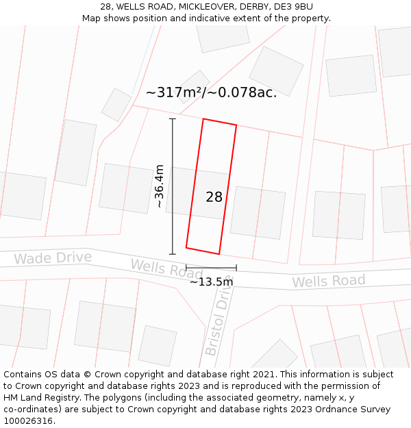 28, WELLS ROAD, MICKLEOVER, DERBY, DE3 9BU: Plot and title map