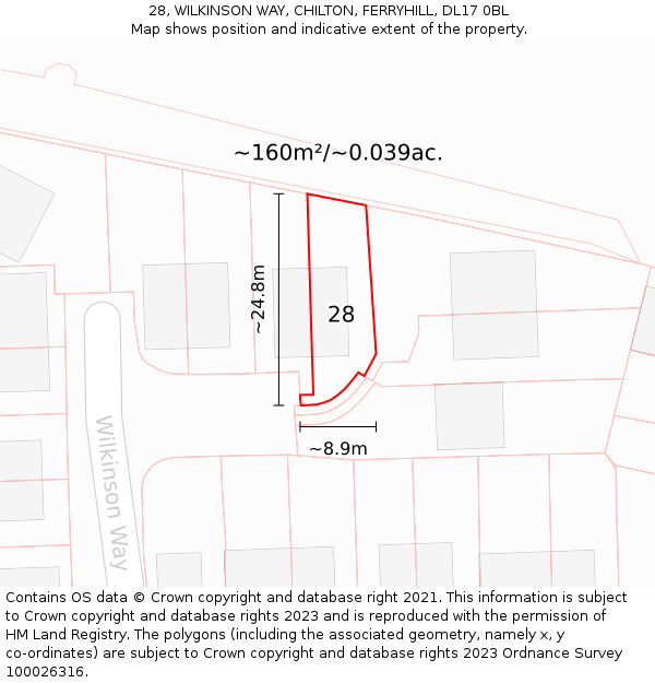 28, WILKINSON WAY, CHILTON, FERRYHILL, DL17 0BL: Plot and title map