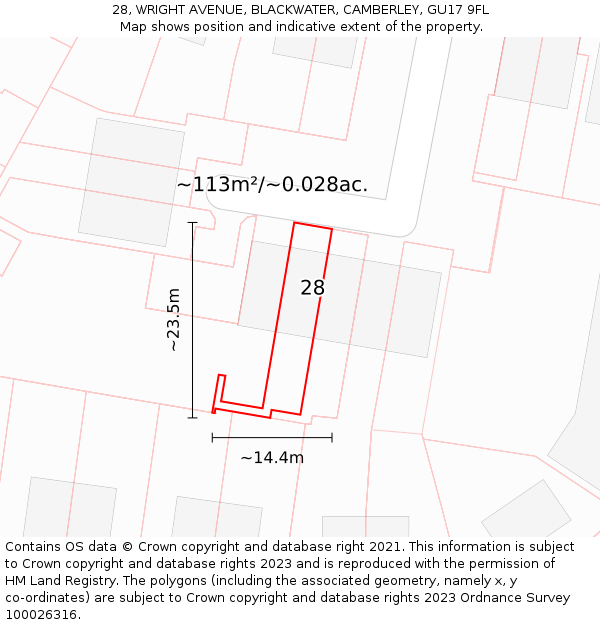 28, WRIGHT AVENUE, BLACKWATER, CAMBERLEY, GU17 9FL: Plot and title map