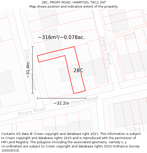 28C, PRIORY ROAD, HAMPTON, TW12 2NT: Plot and title map
