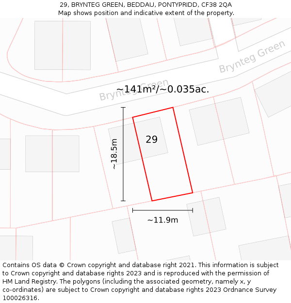 29, BRYNTEG GREEN, BEDDAU, PONTYPRIDD, CF38 2QA: Plot and title map