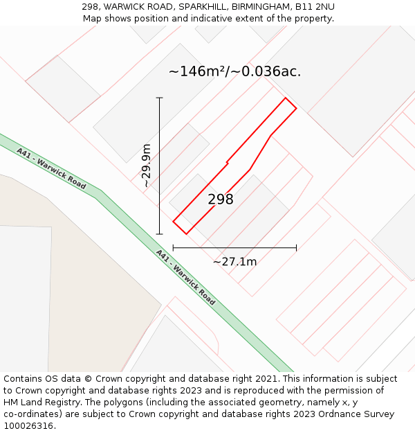 298, WARWICK ROAD, SPARKHILL, BIRMINGHAM, B11 2NU: Plot and title map