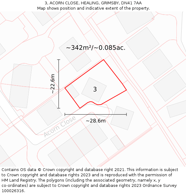 3, ACORN CLOSE, HEALING, GRIMSBY, DN41 7AA: Plot and title map