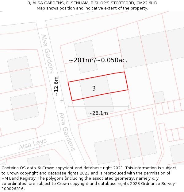 3, ALSA GARDENS, ELSENHAM, BISHOP'S STORTFORD, CM22 6HD: Plot and title map