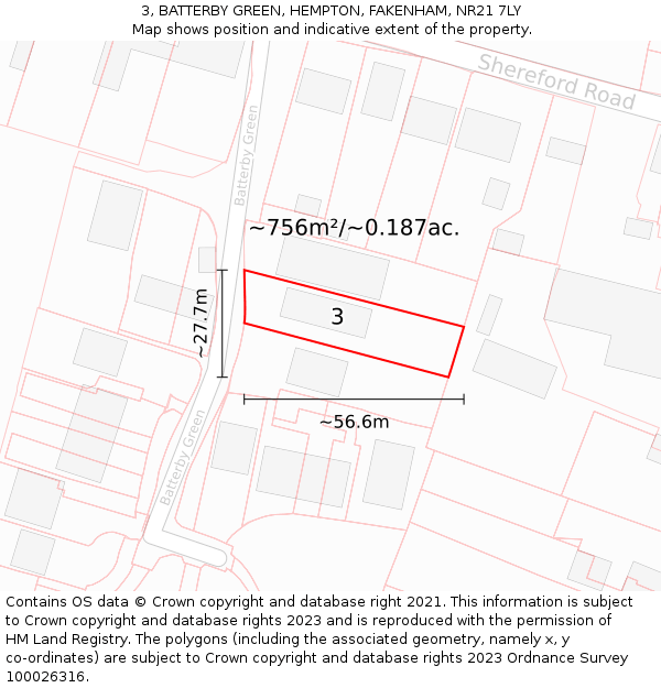 3, BATTERBY GREEN, HEMPTON, FAKENHAM, NR21 7LY: Plot and title map