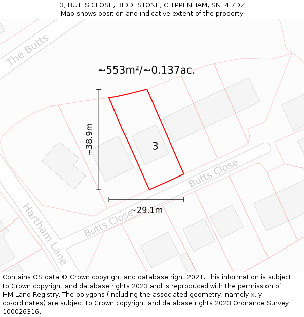 3, BUTTS CLOSE, BIDDESTONE, CHIPPENHAM, SN14 7DZ: Plot and title map