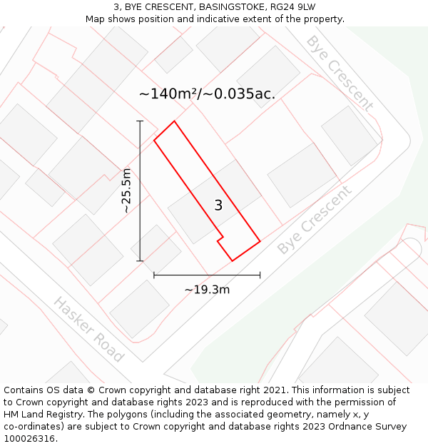 3, BYE CRESCENT, BASINGSTOKE, RG24 9LW: Plot and title map