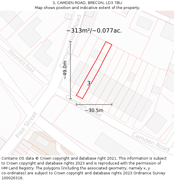 3, CAMDEN ROAD, BRECON, LD3 7BU: Plot and title map