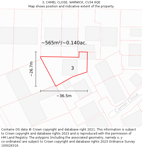 3, CAMEL CLOSE, WARWICK, CV34 6QE: Plot and title map