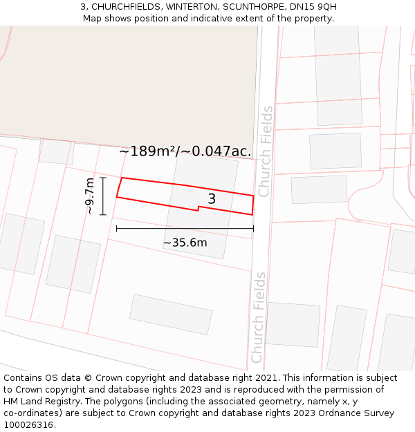 3, CHURCHFIELDS, WINTERTON, SCUNTHORPE, DN15 9QH: Plot and title map