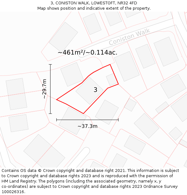 3, CONISTON WALK, LOWESTOFT, NR32 4FD: Plot and title map