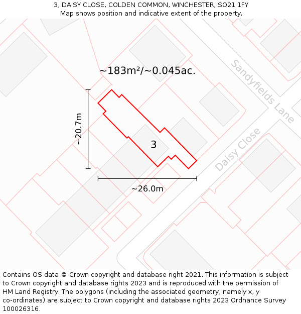 3, DAISY CLOSE, COLDEN COMMON, WINCHESTER, SO21 1FY: Plot and title map
