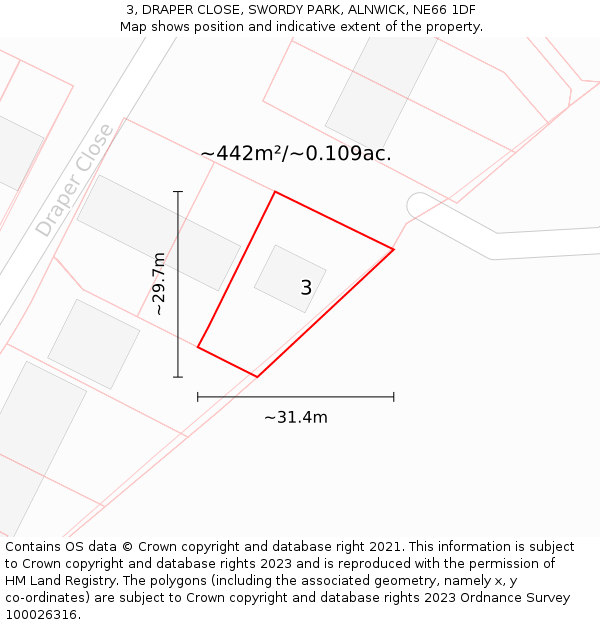 3, DRAPER CLOSE, SWORDY PARK, ALNWICK, NE66 1DF: Plot and title map